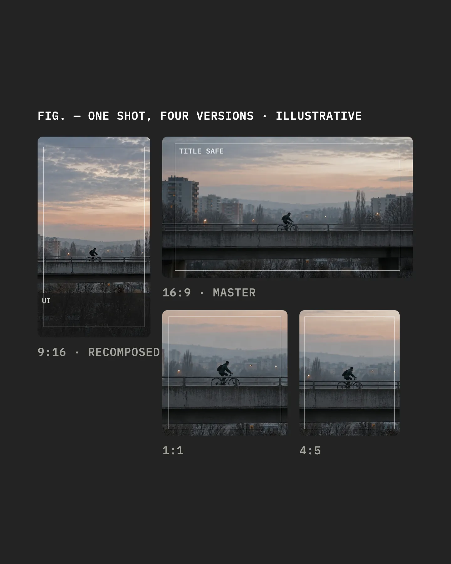 A cyclist crossing an ordinary concrete overpass at dawn, shown as a 16:9 master and its 1:1, 4:5 and 9:16 versions, each labelled with its ratio.